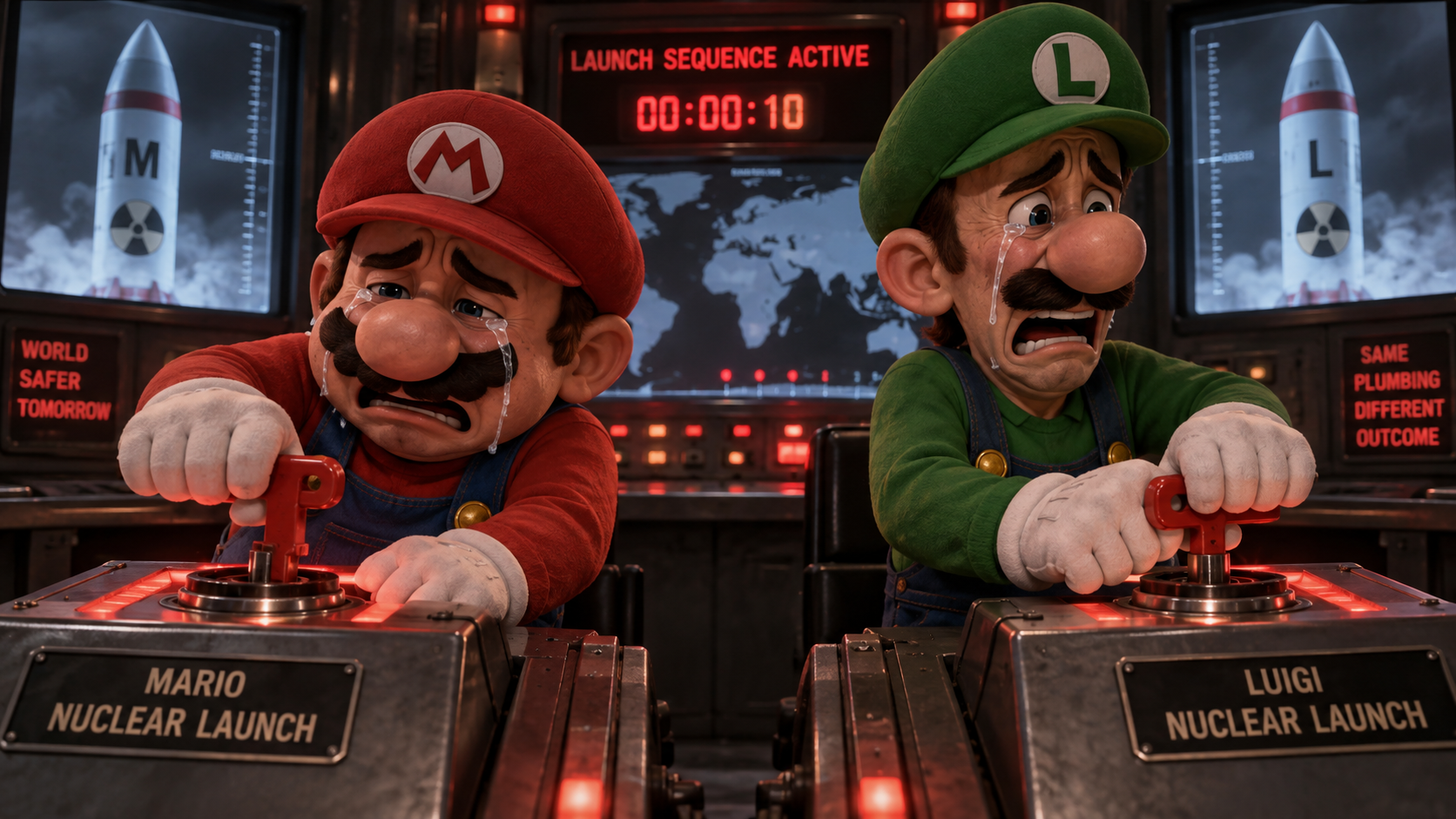 Prompt: Mario and Luigi each weeping while turning their respective nuclear launch keys