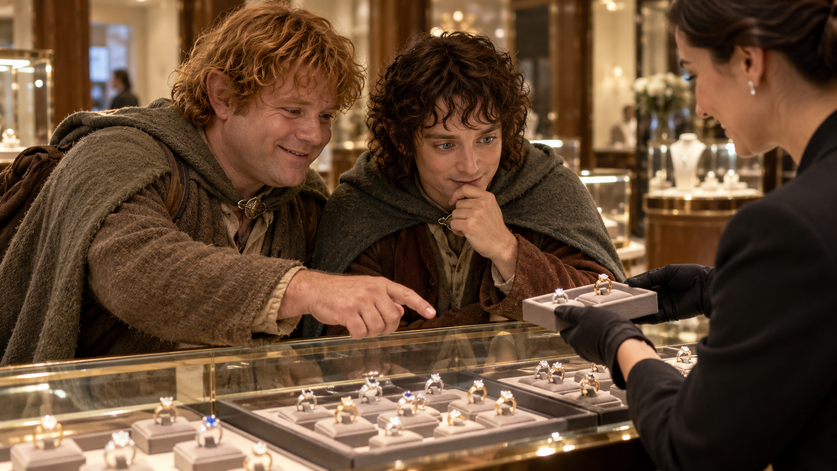 Prompt: Sam and Frodo picking out a new ring together at the jewelry store
