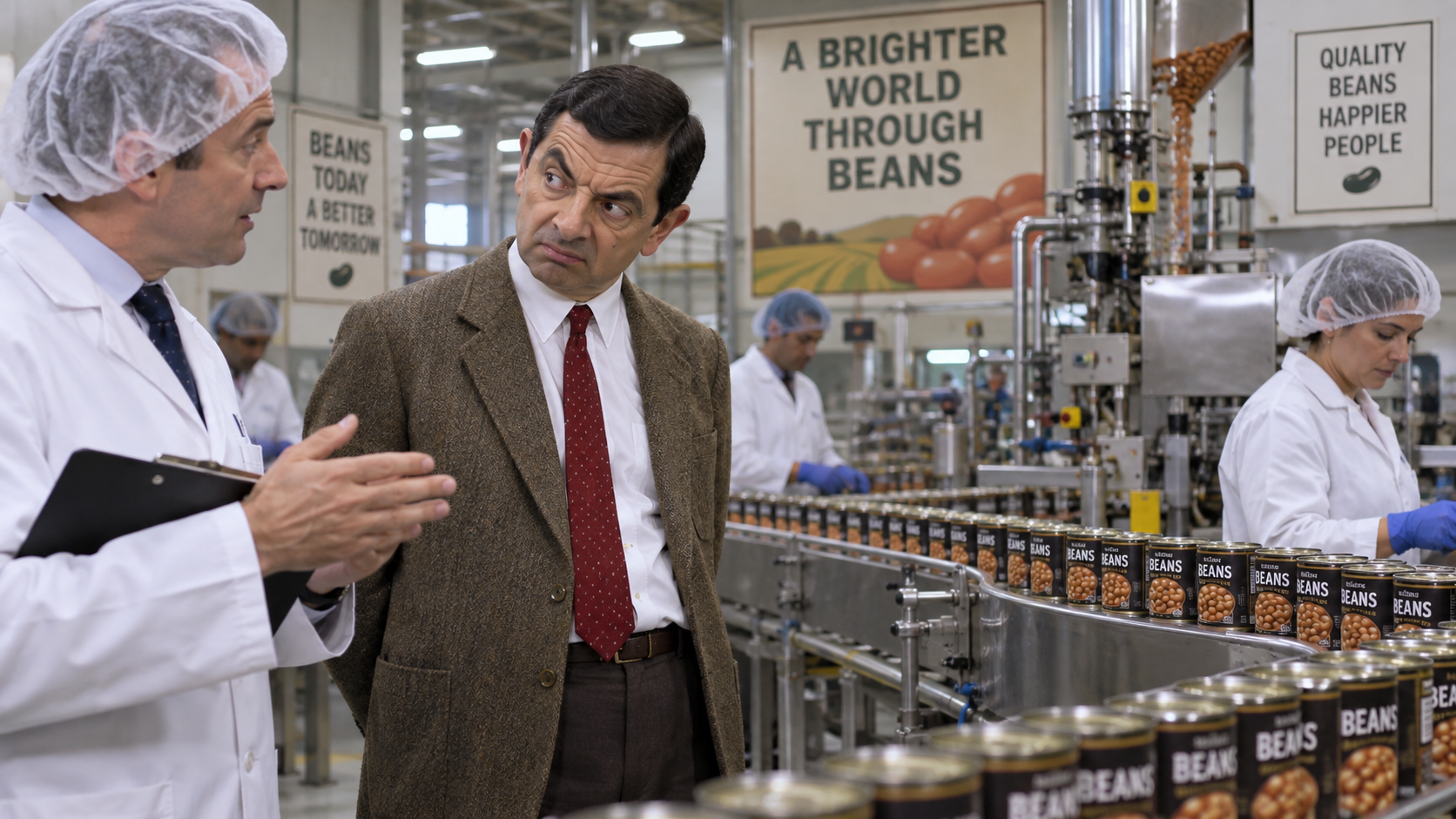 Prompt: Mr. Bean touring a bean factory and looking fairly skeptical about the whole situation