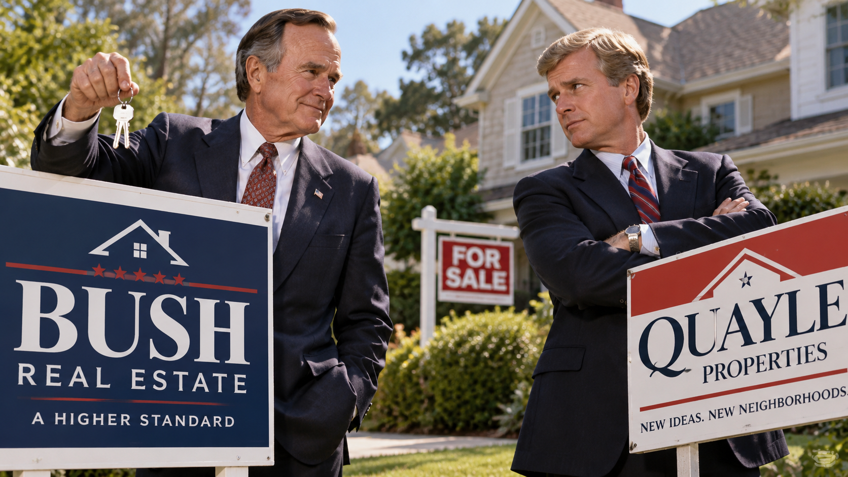 Prompt: George Bush and Dan Quayle as rival local real estate agents