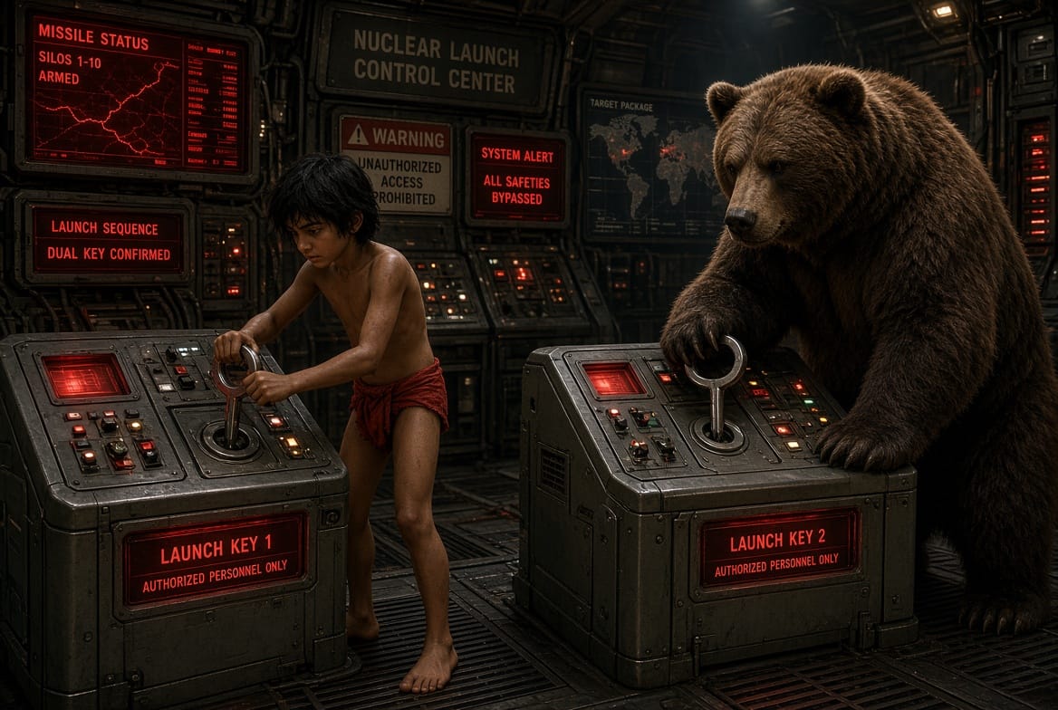Prompt: Mowgli and Baloo turning the two nuclear keys
