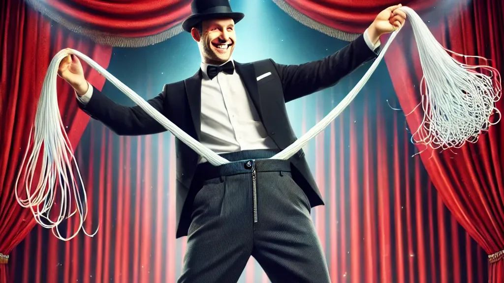 A magician pulling tons of dental floss from his pants