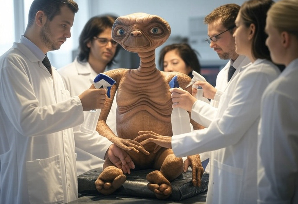 Scientists spraying water on E.T.