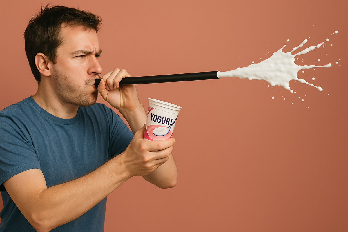 A man blowing a yogurt blowgun