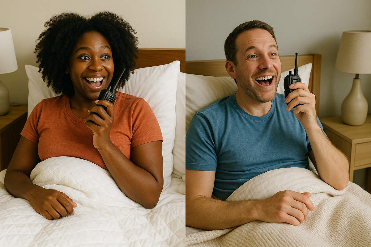 A couple in different beds talking on walkie-talkies
