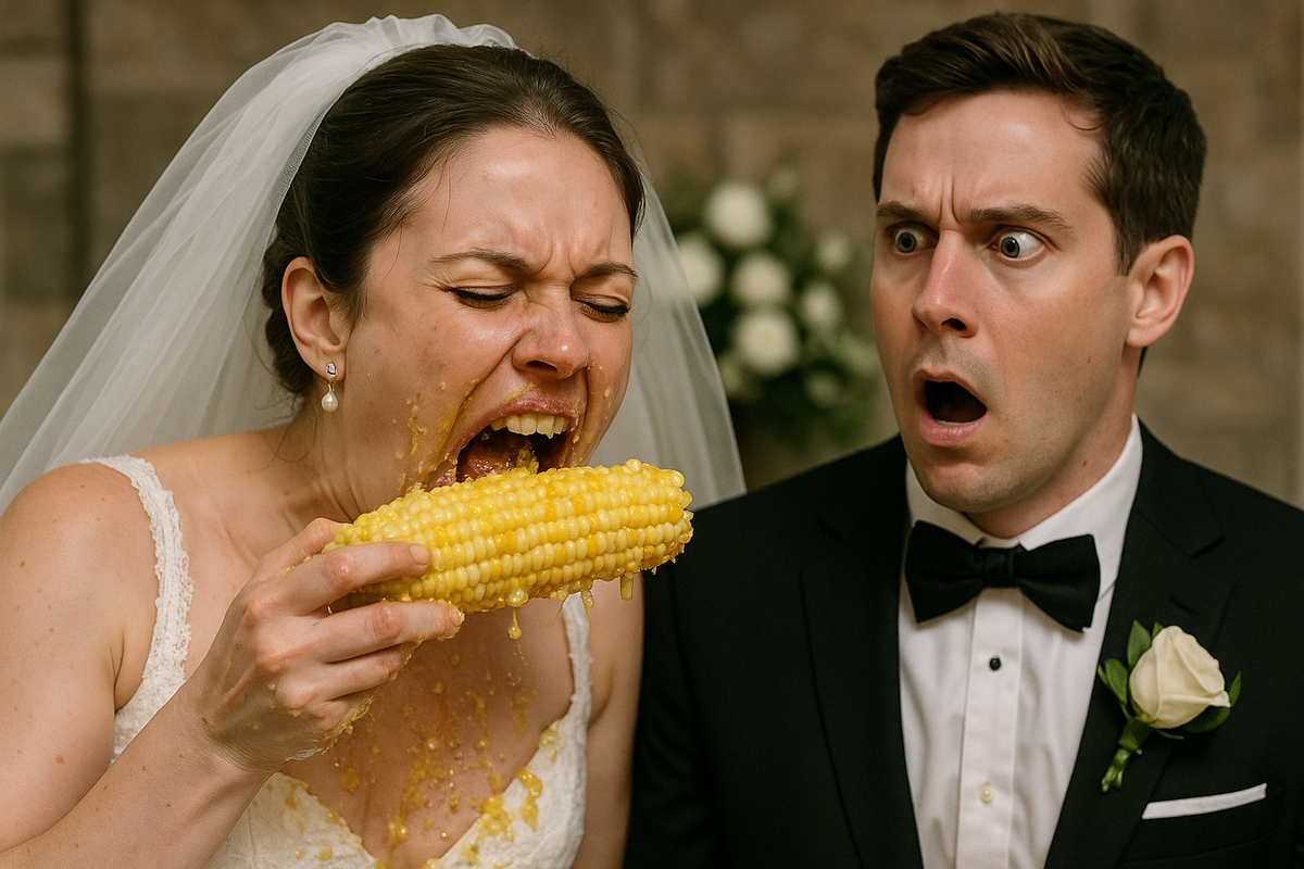 A bride demolishing an ear of corn