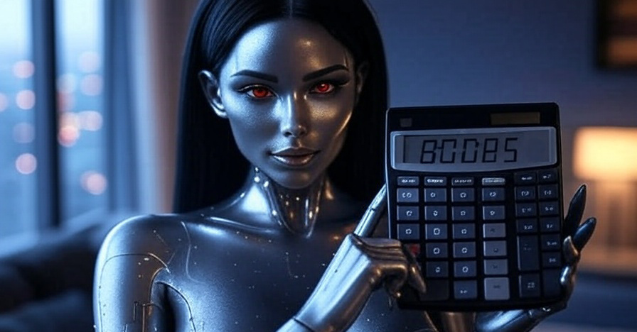 An AI girlfriend holding up a calculator that says "BOOBS"