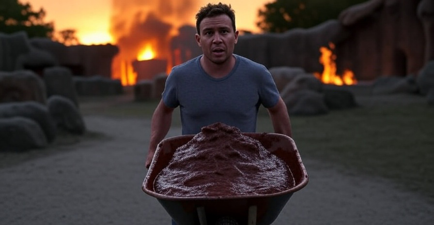 A man outside of a burning zoo with a wheelbarrow full of BBQ sauce