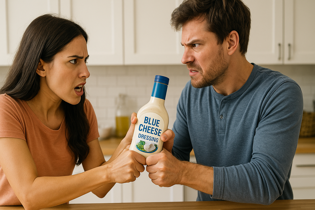 A couple fighting over blue cheese dressing