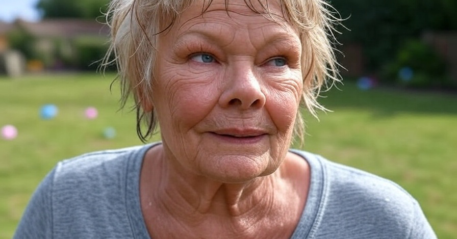 A soaking wet Judi Dench