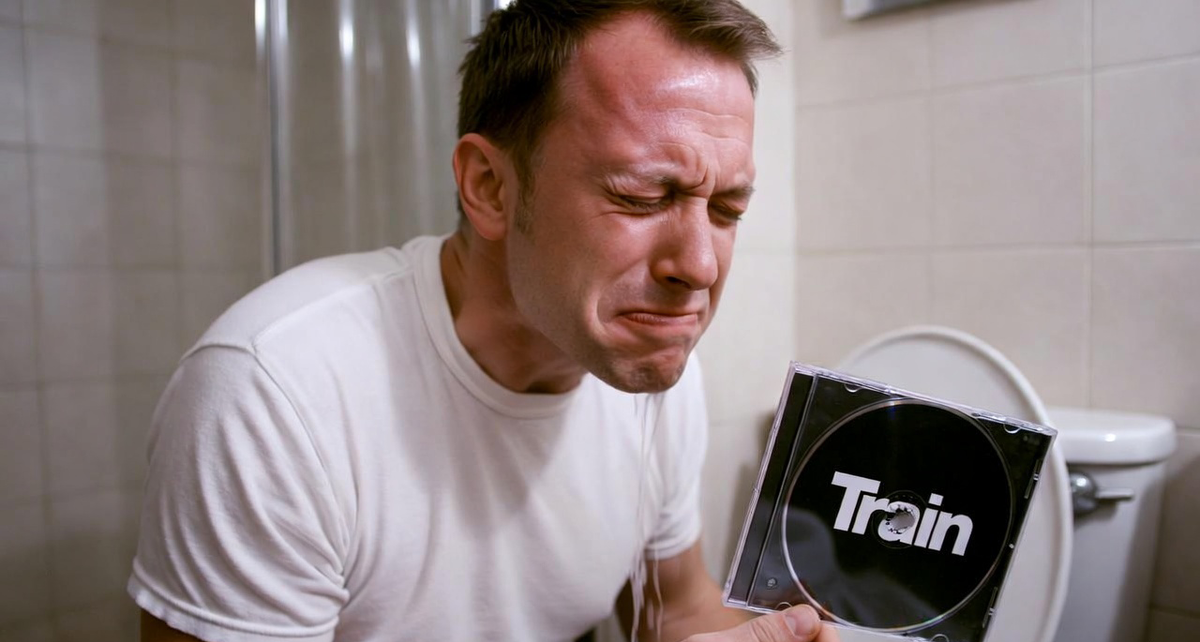 A guy crying in the bathroom while holding a Train CD