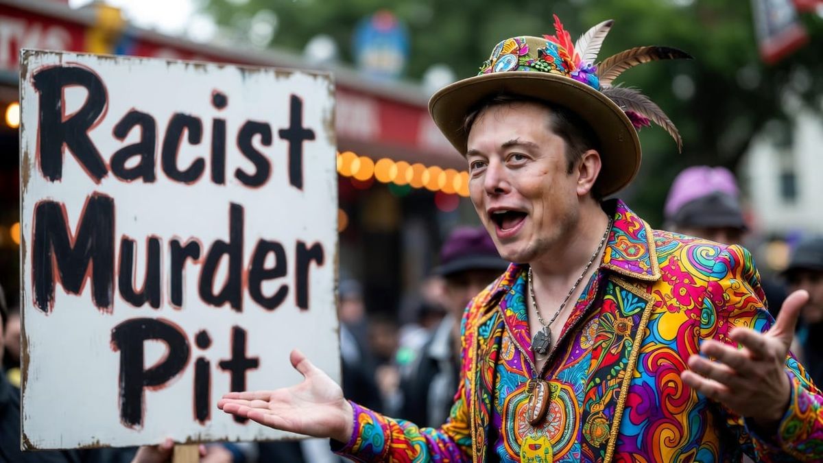 Elon in front of a "Racist Murder Pit" sign