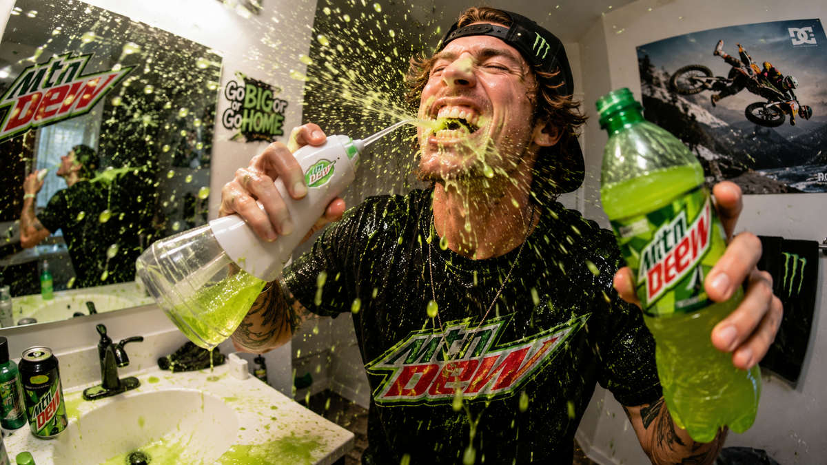 A guy flossing with Mountain Dew