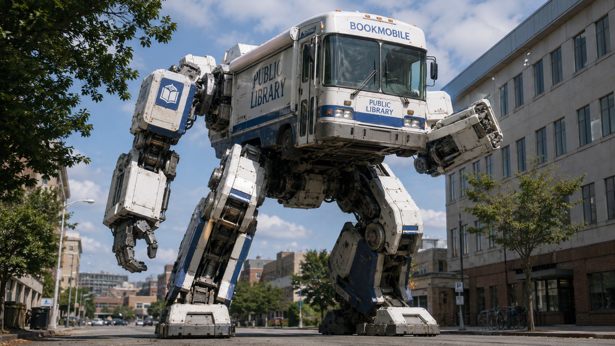 A bookmobile turned into a mech