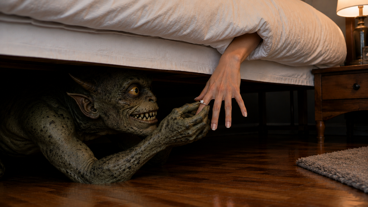 A monster placing a ring on a finger