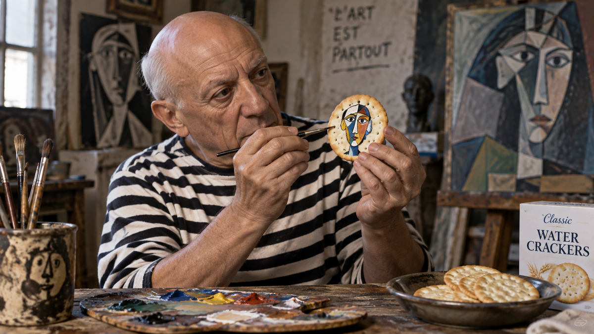 Picasso painting on a water cracker
