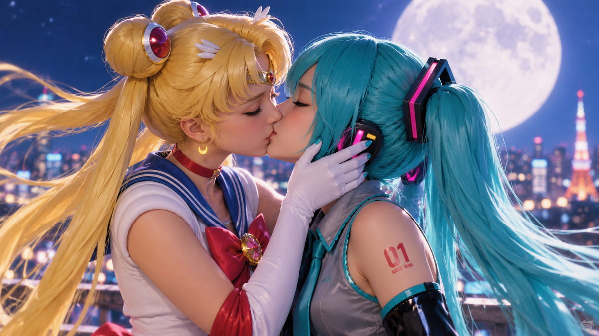 Two female characters kissing