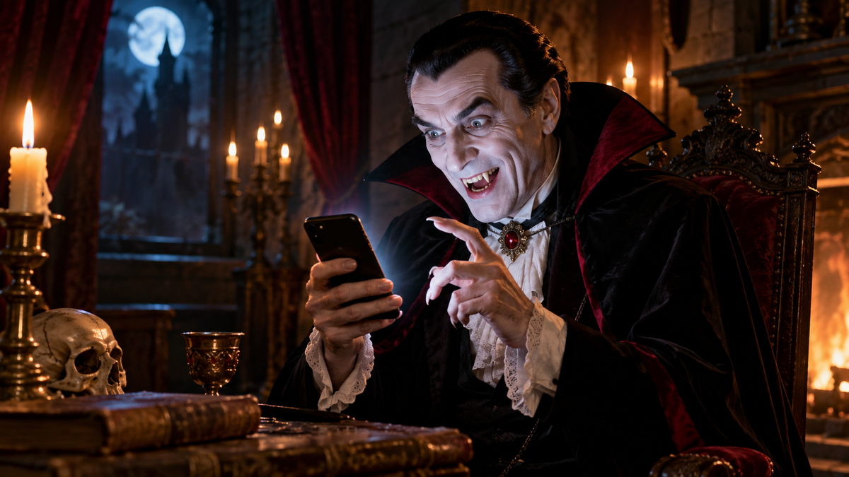 Dracula reading a social media post