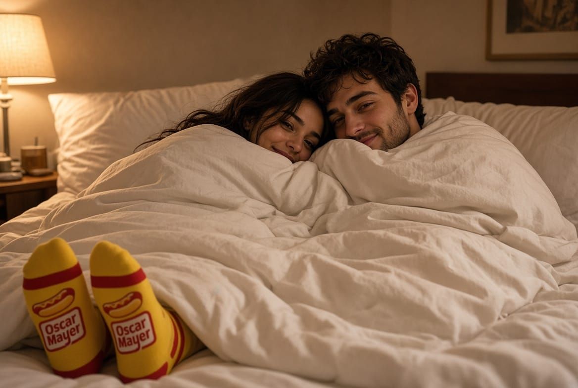 A couple in bed, one is wearing Oscar Mayer socks