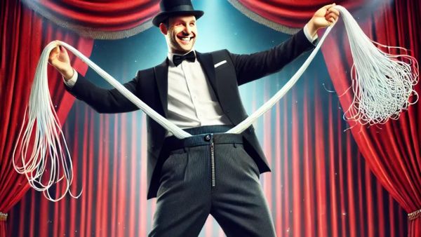 A magician pulling tons of dental floss from his pants