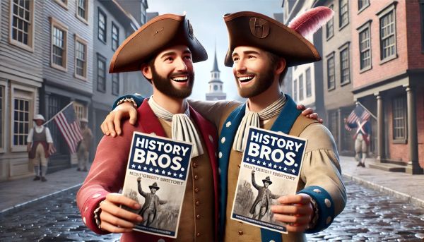 Two guys circa 1776 holding pamphlets