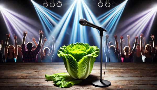 A head of Romaine lettuce onstage at a rock concert