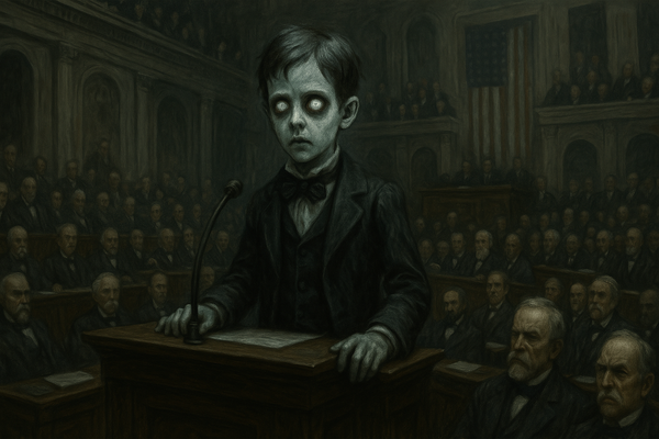 A haunted Victorian-era boy addressing Congress