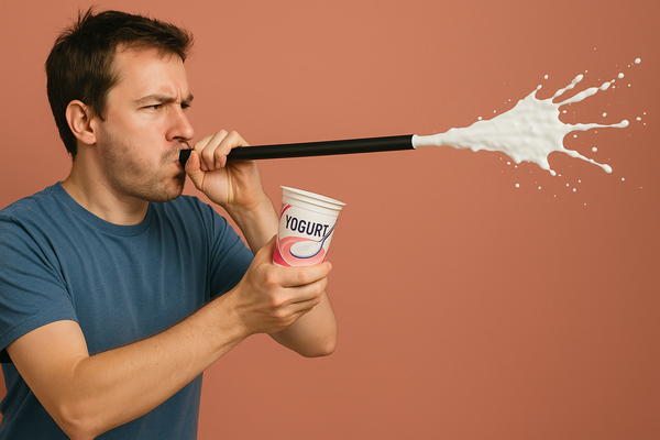 A man blowing a yogurt blowgun