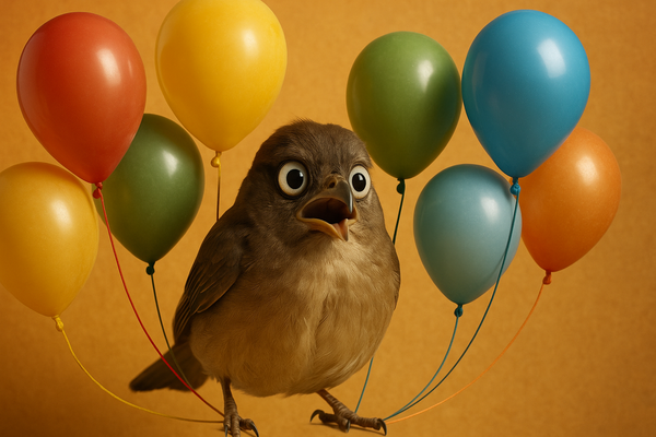 A bird surrounded by balloons