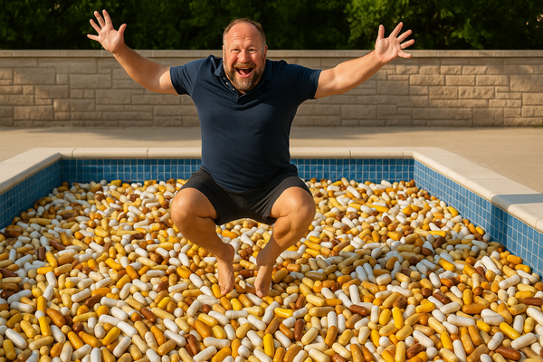 "Alex Jones" jumping into a pool filled with supplement pills