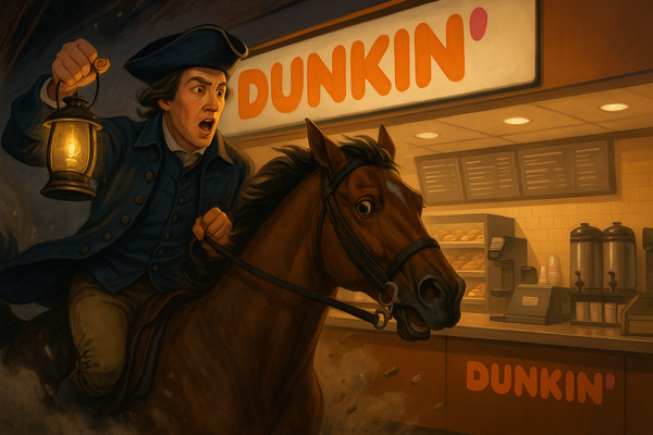 Paul Revere riding past a Dunkin' Donuts