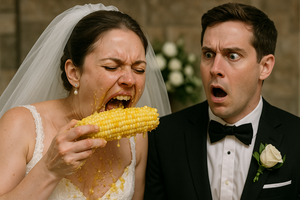 A bride demolishing an ear of corn