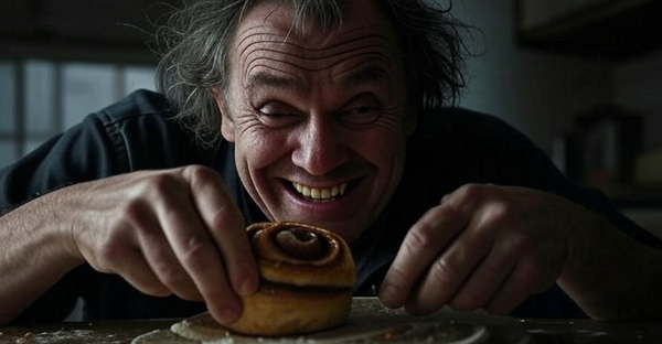 A man creepily holding a cinnamon roll