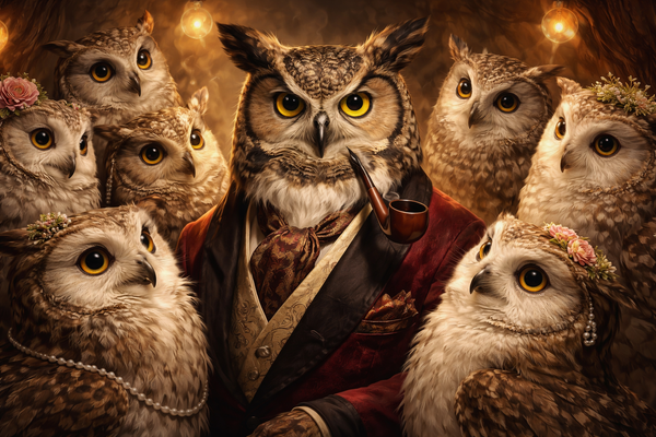 An owl Hugh Hefner with his harem