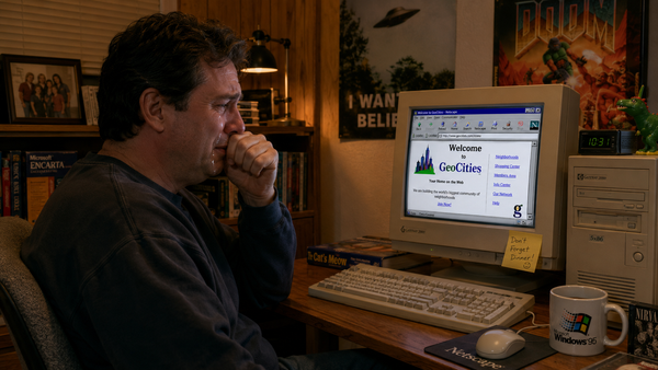 A middle-aged man crying in front of a '90s computer
