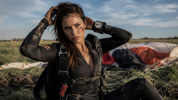 A woman composing herself after a skydiving accident