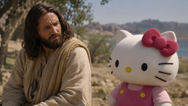 Jesus looking at Hello Kitty
