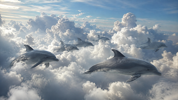 Dolphins swimming in clouds