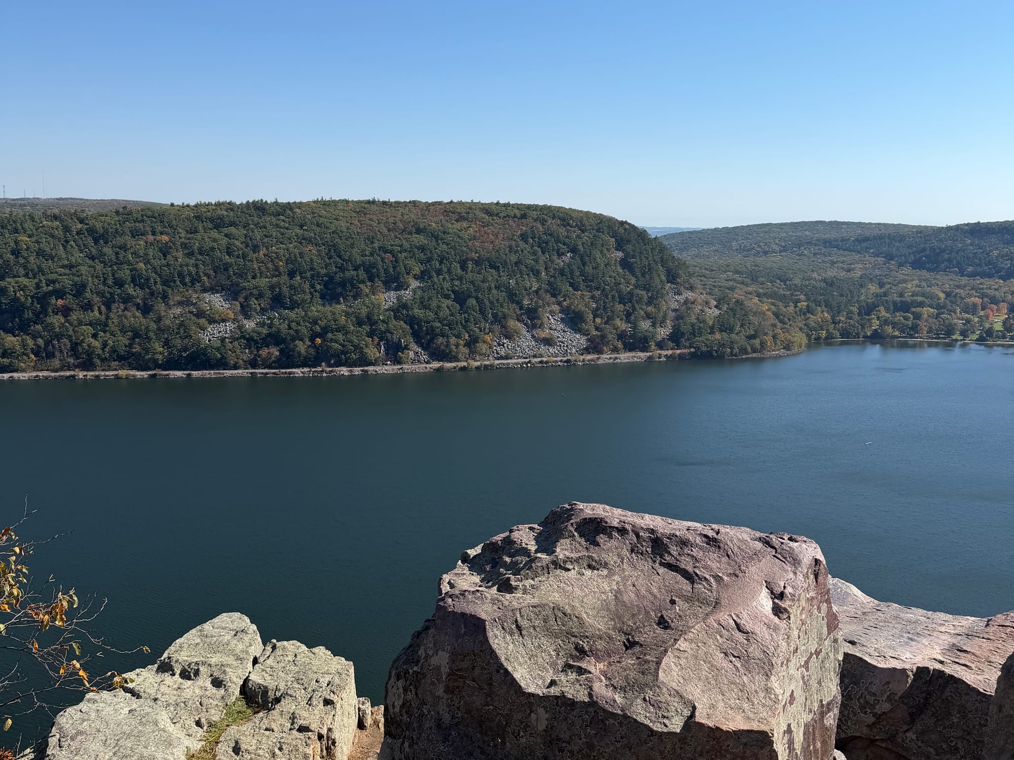 The view of Devil's Lake East Bluff from the West Bluff with the lake in between.