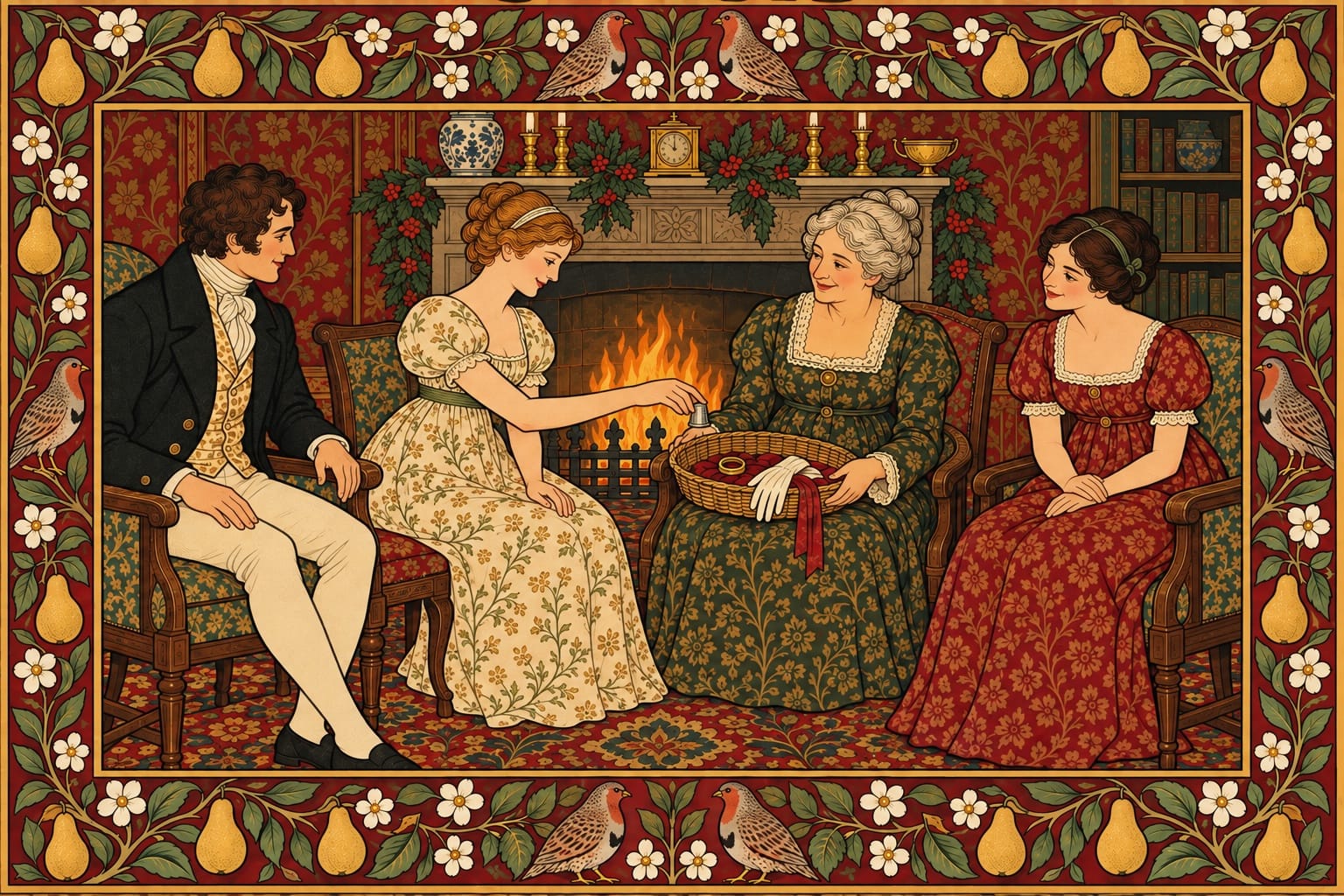 Four people in Regency dress sit in a ring around a fire, drawn in flat colour with dark outlines. A young woman drops a silver thimble into a basket on an older woman's lap. The basket already holds a gold ring, a white glove and a red ribbon.