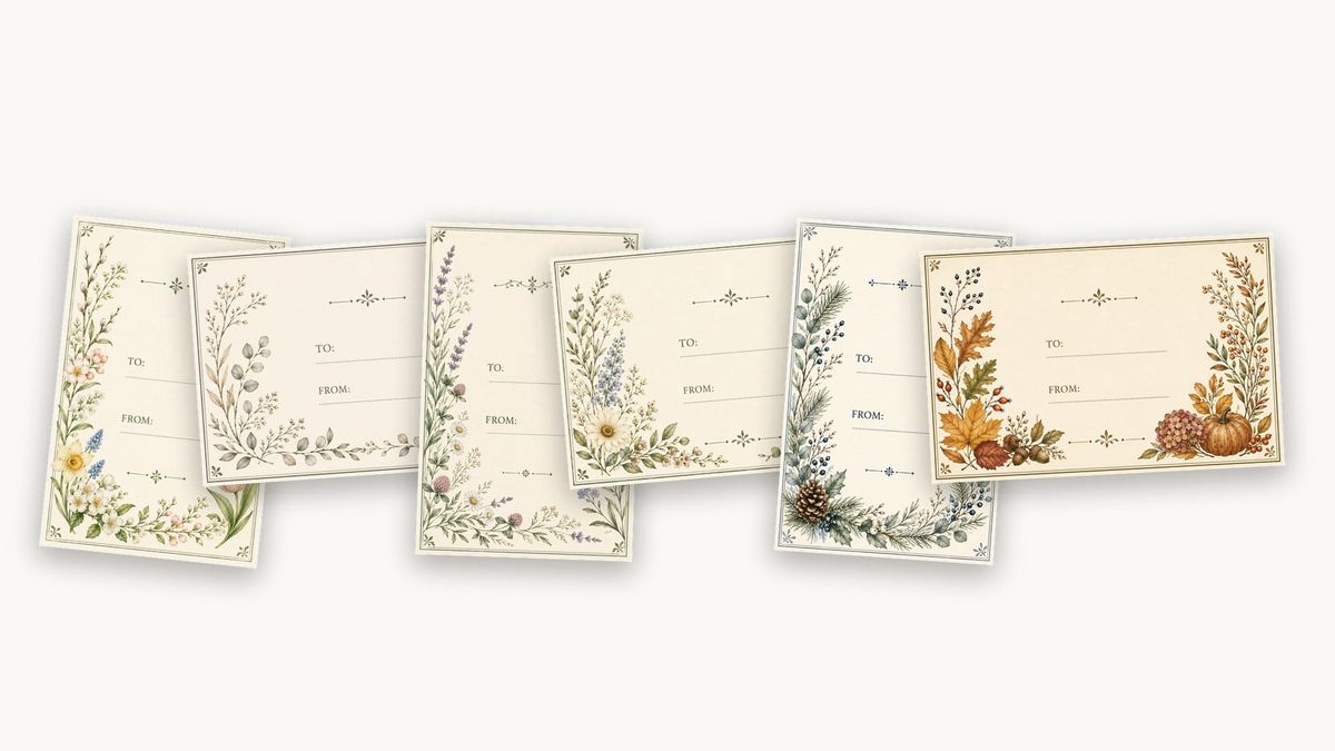Six printable gift tags overlapping in a row on a warm ivory background, each with a watercolour botanical border, from spring flowers through eucalyptus and roses to autumn leaves and winter