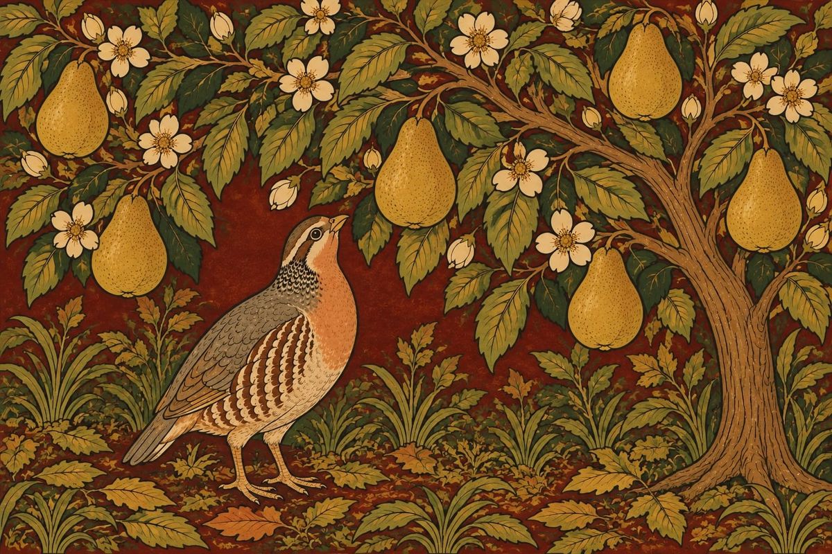 An illustration of a partridge standing on the ground beneath a pear tree, among fallen leaves, with yellow pears and white blossom on the branches above.