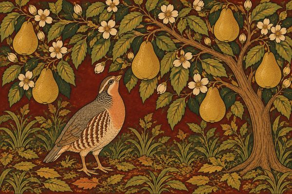 An illustration of a partridge standing on the ground beneath a pear tree, among fallen leaves, with yellow pears and white blossom on the branches above.