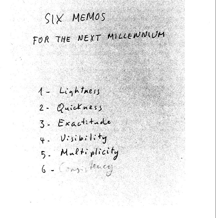 a black and white image of handwriting that lists 1. Lightness 2. Quickness 3. Exactitude 4. Visibility 5. Multiplicity 6. Consistency 