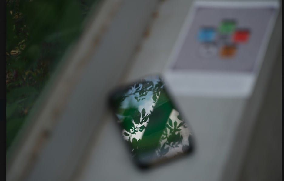 photo of a phone showing the reflection of plants on its screen 