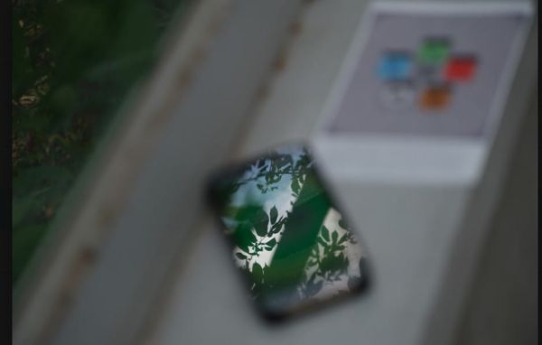 photo of a phone showing the reflection of plants on its screen 