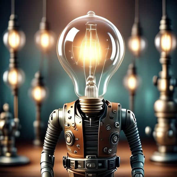 Un robot dont la tête est remplacée par une ampoule, symbole classique de l'idée.