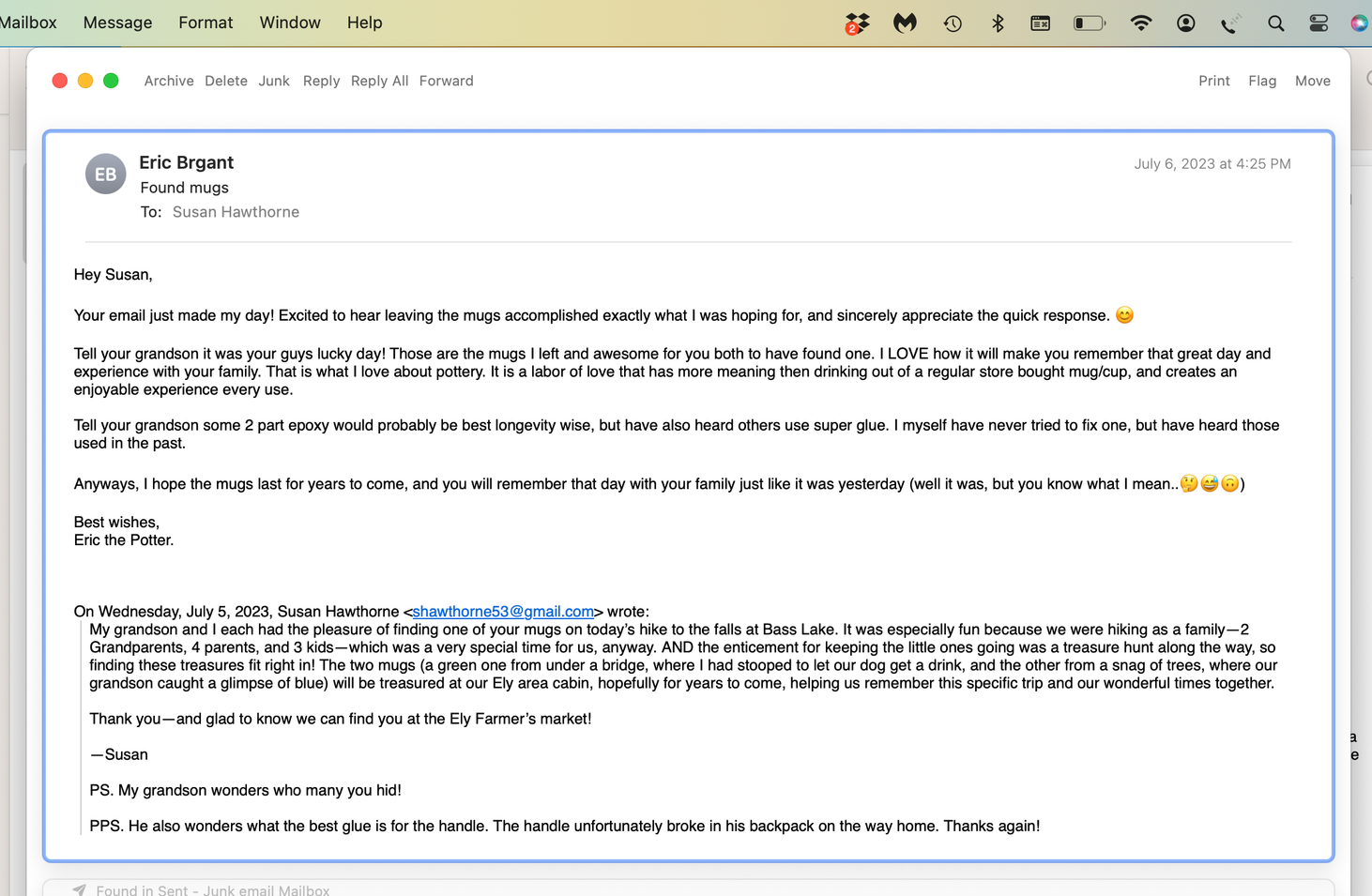 Screen shot of correspondence between me and the potter who made the mugs we found. 