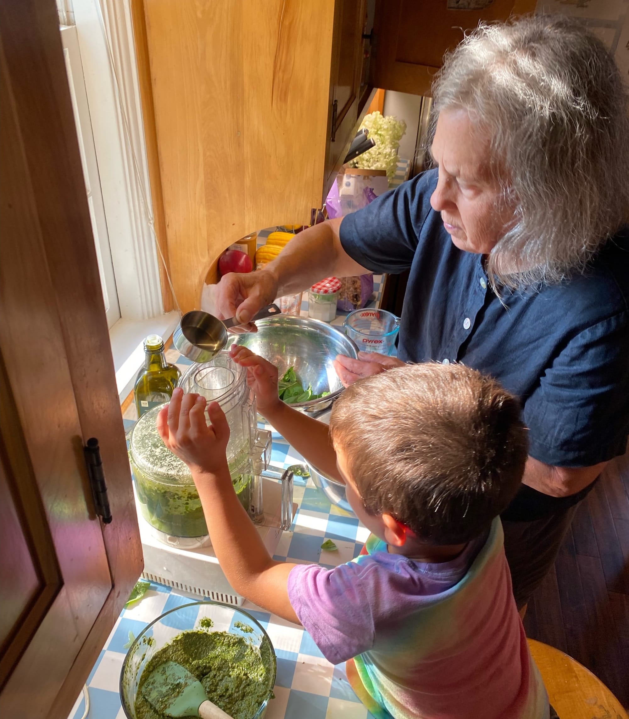 A grandmother and grandson make pesto. The grandson is operating the food processor.