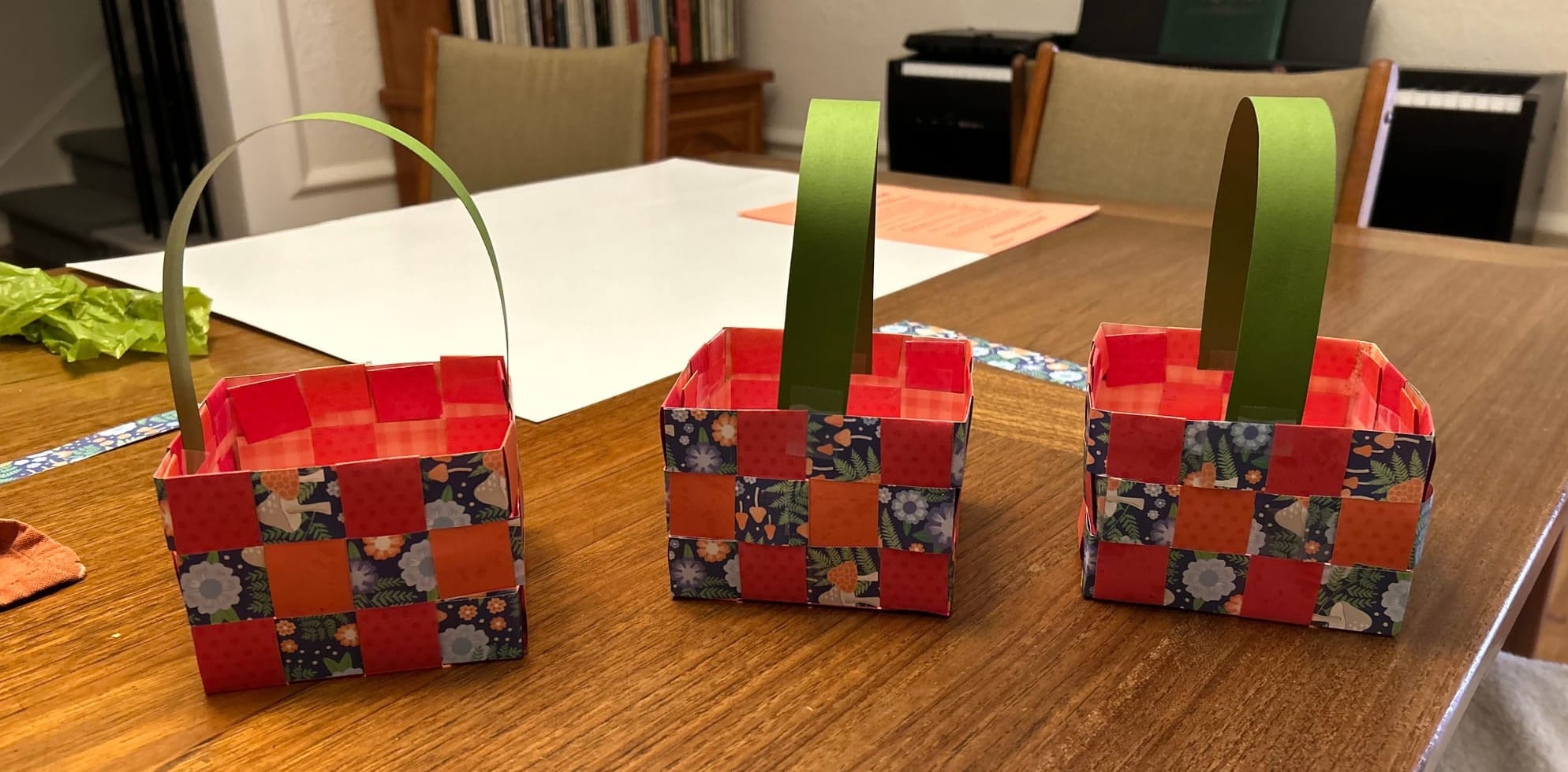 Woven paper baskets, a craft suitable for older grade-school-age children and up. 